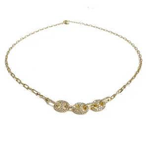 Three Pave Button Paperclip Necklace