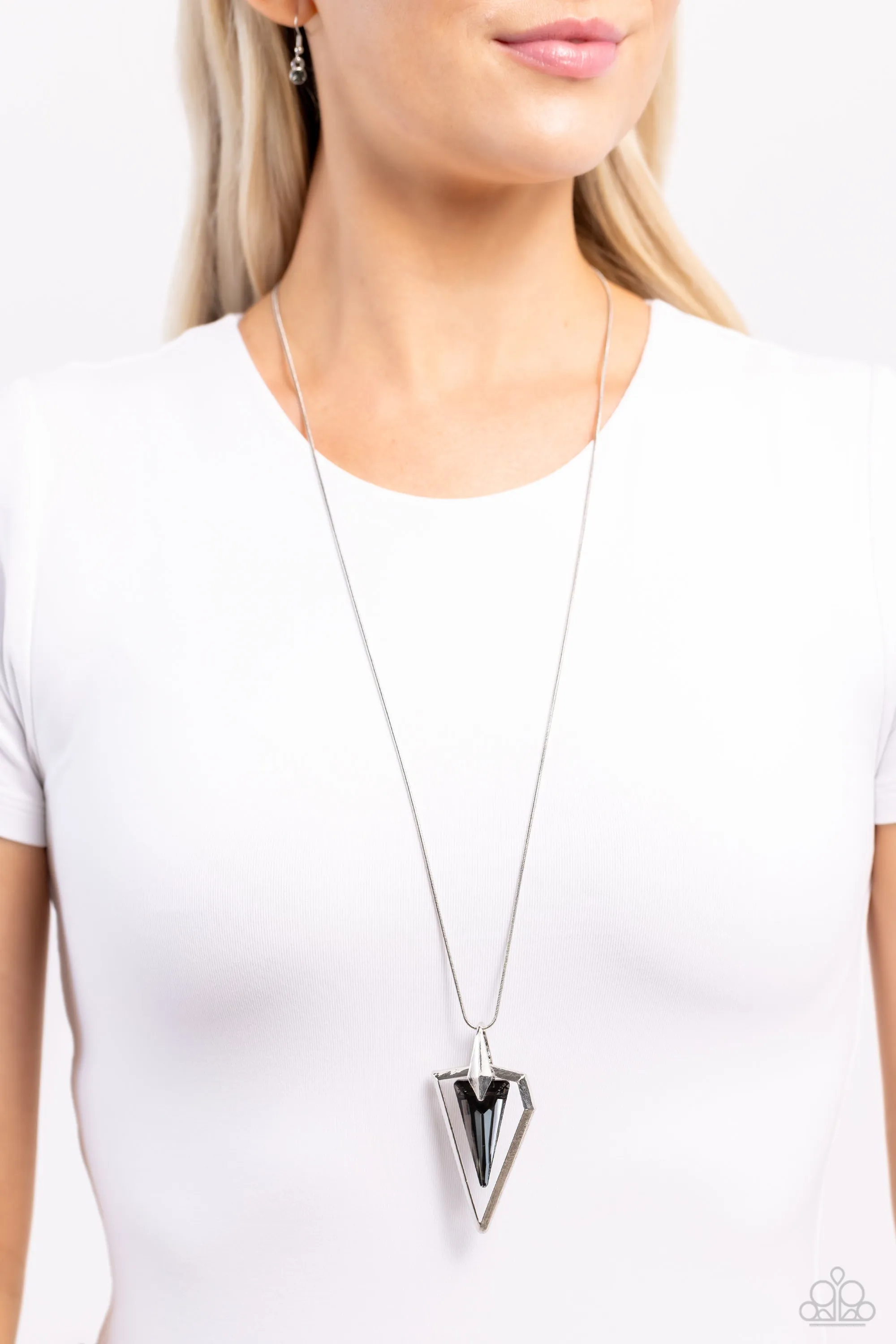 Trifecta Tyrant - Silver - Faceted Triangle Gem Paparazzi Long Necklace