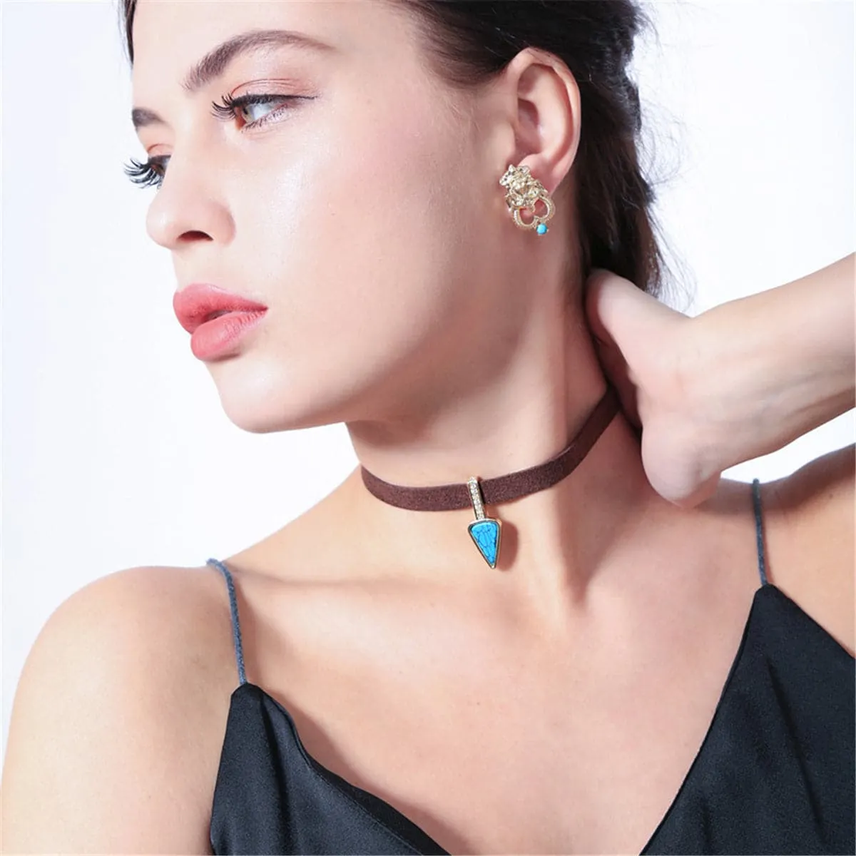 Turquoise & Cubic Zirconia Triangle Choker Necklace