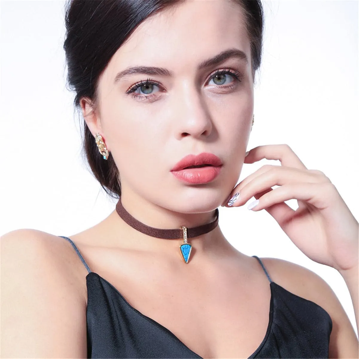 Turquoise & Cubic Zirconia Triangle Choker Necklace