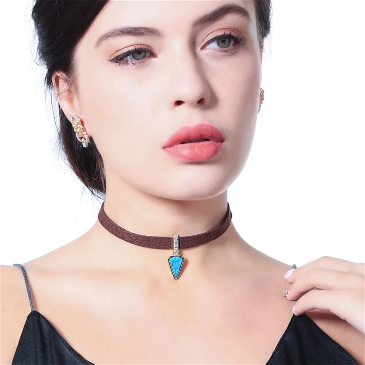 Turquoise & Cubic Zirconia Triangle Choker Necklace