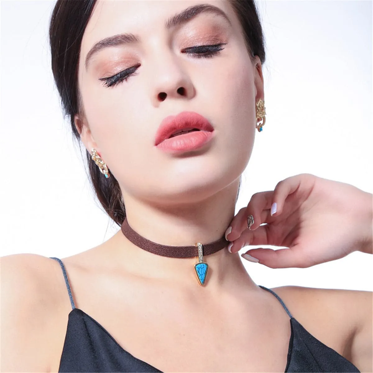 Turquoise & Cubic Zirconia Triangle Choker Necklace