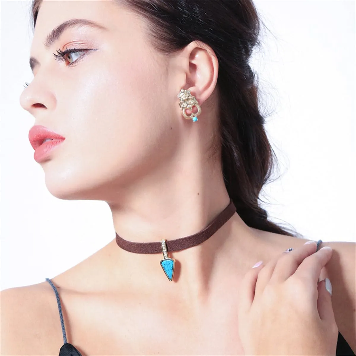 Turquoise & Cubic Zirconia Triangle Choker Necklace