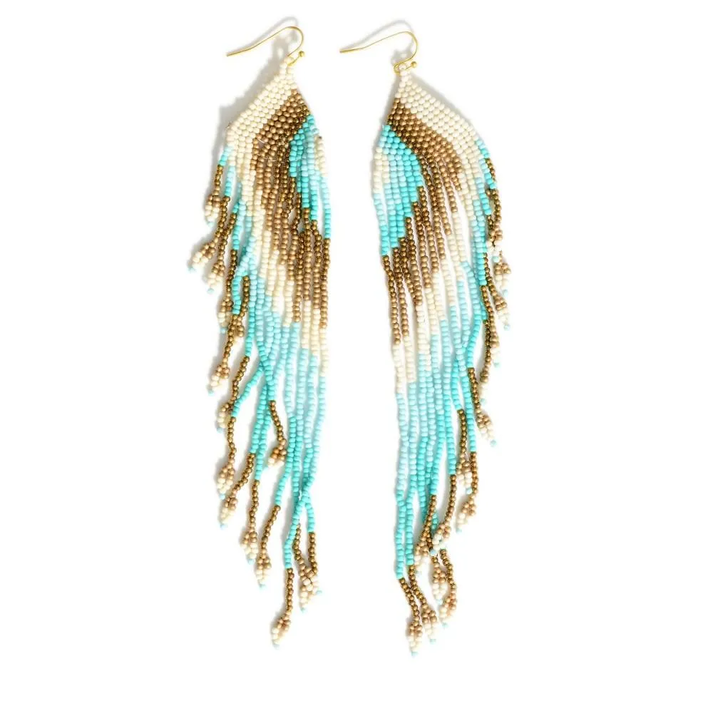 Turquoise and Gold Boho Long Beaded Multi-Color Earrings.