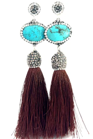 Turquoise Gemstone 925 Sterling Silver Tassel Earrings