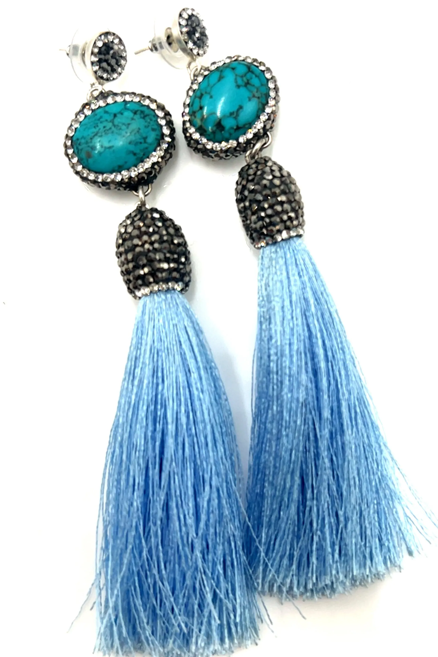 Turquoise Gemstone 925 Sterling Silver Tassel Earrings