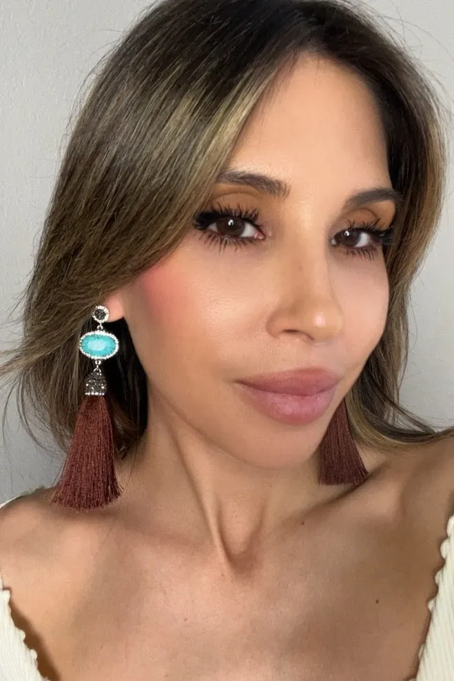Turquoise Gemstone 925 Sterling Silver Tassel Earrings
