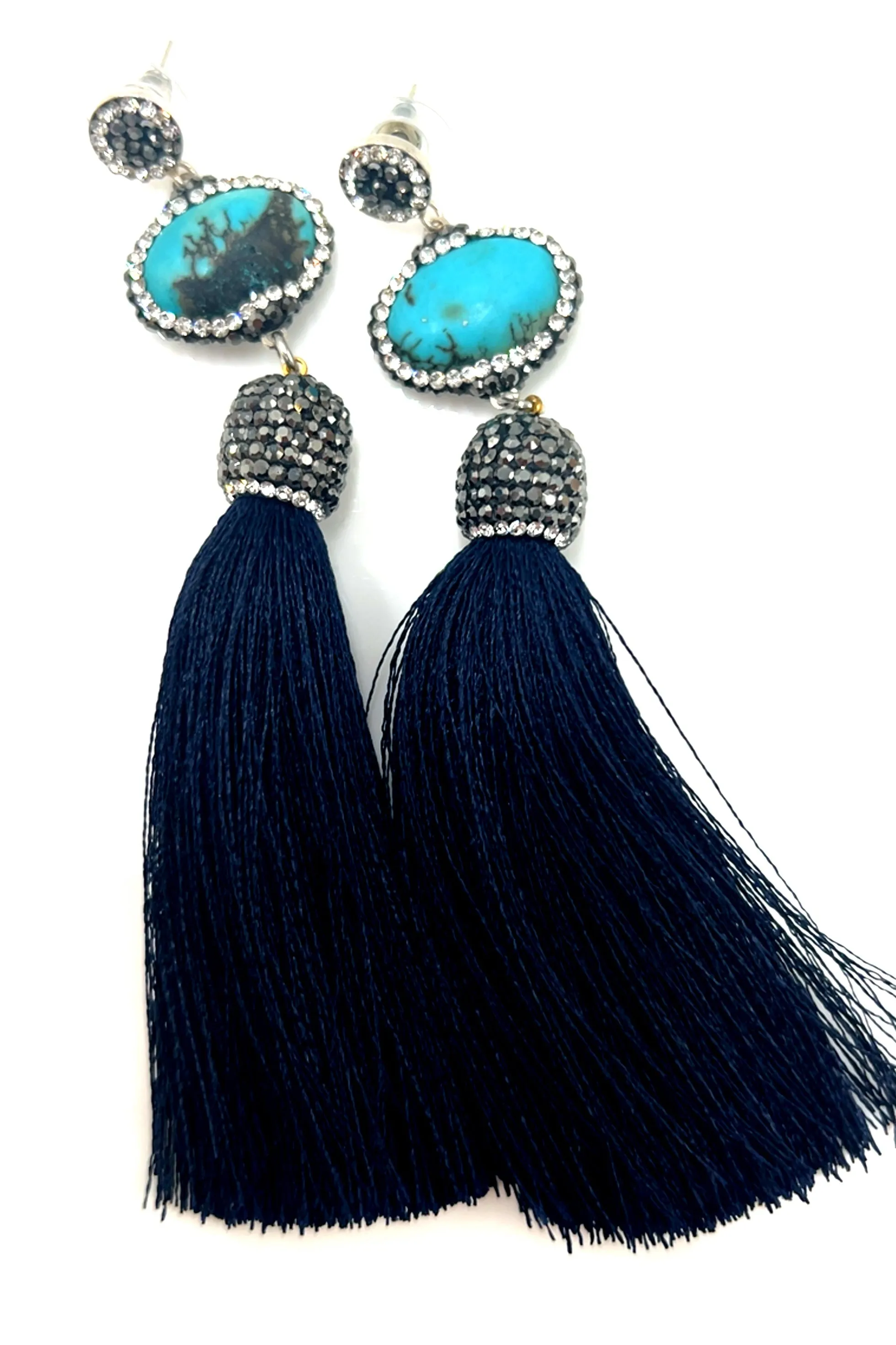 Turquoise Gemstone 925 Sterling Silver Tassel Earrings