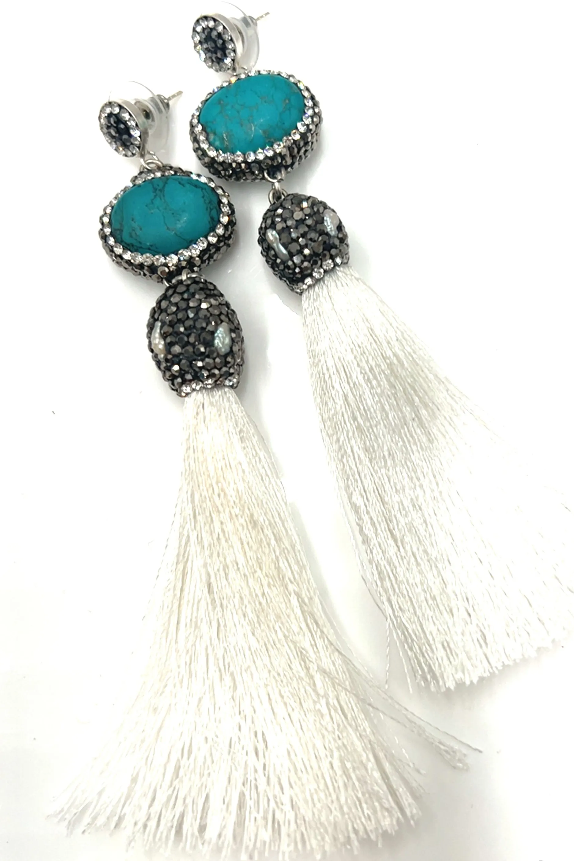 Turquoise Gemstone 925 Sterling Silver Tassel Earrings