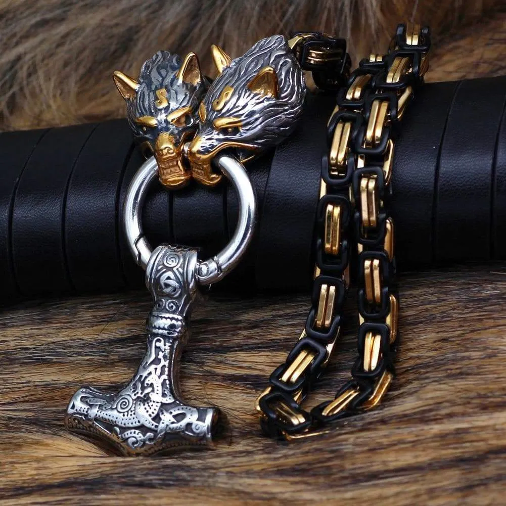 Viking Mjölnir Triquetra Wolves Stainless Steel Necklace