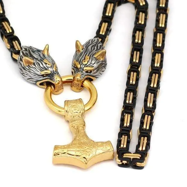 Viking Mjölnir Triquetra Wolves Stainless Steel Necklace