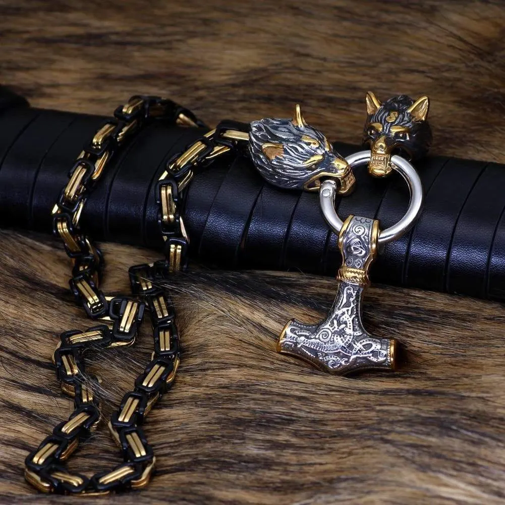 Viking Mjölnir Triquetra Wolves Stainless Steel Necklace