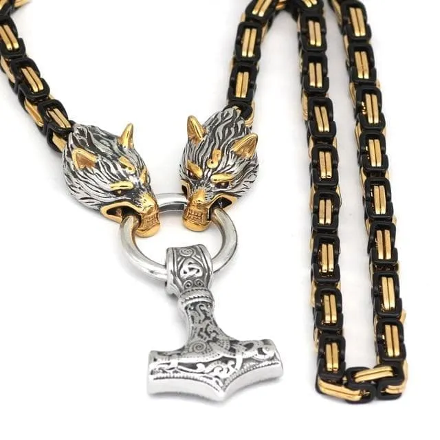 Viking Mjölnir Triquetra Wolves Stainless Steel Necklace