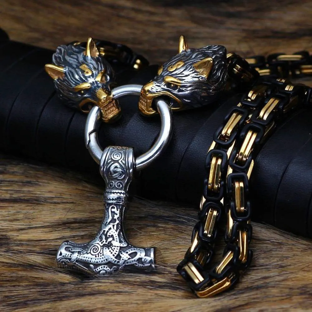 Viking Mjölnir Triquetra Wolves Stainless Steel Necklace