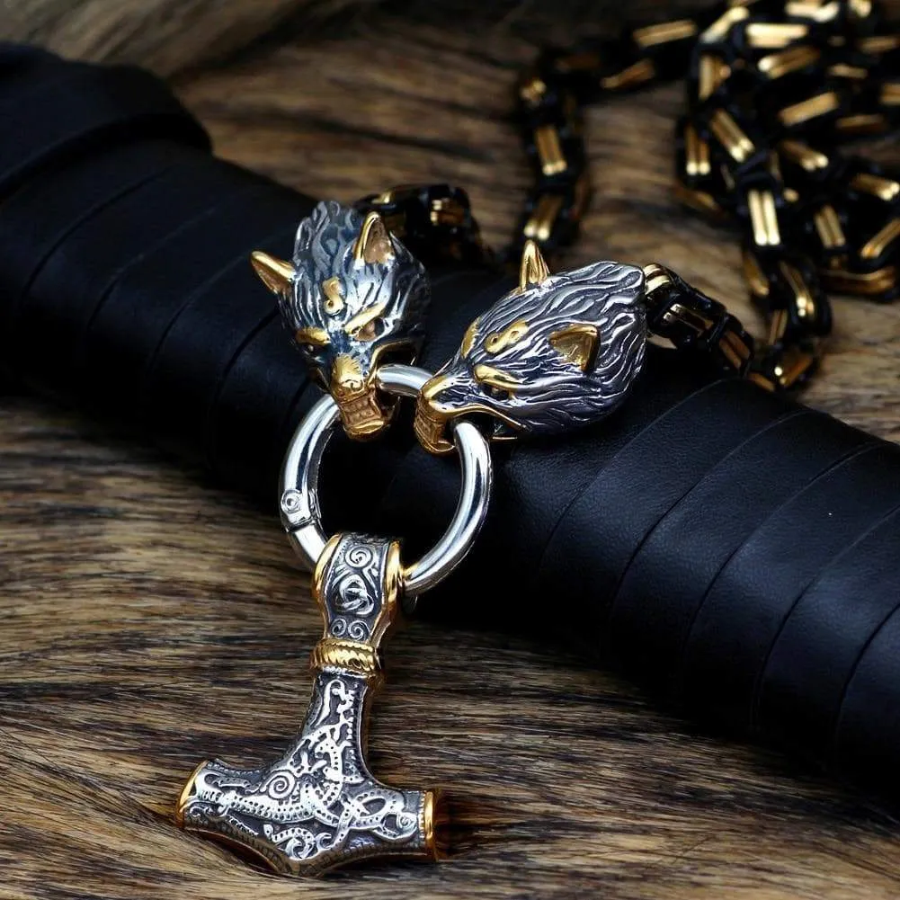 Viking Mjölnir Triquetra Wolves Stainless Steel Necklace