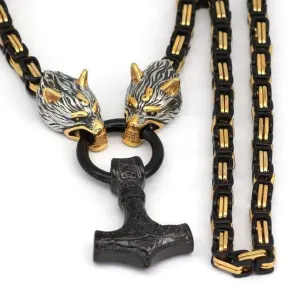 Viking Mjölnir Triquetra Wolves Stainless Steel Necklace