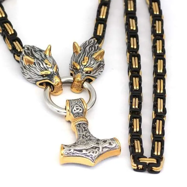 Viking Mjölnir Triquetra Wolves Stainless Steel Necklace