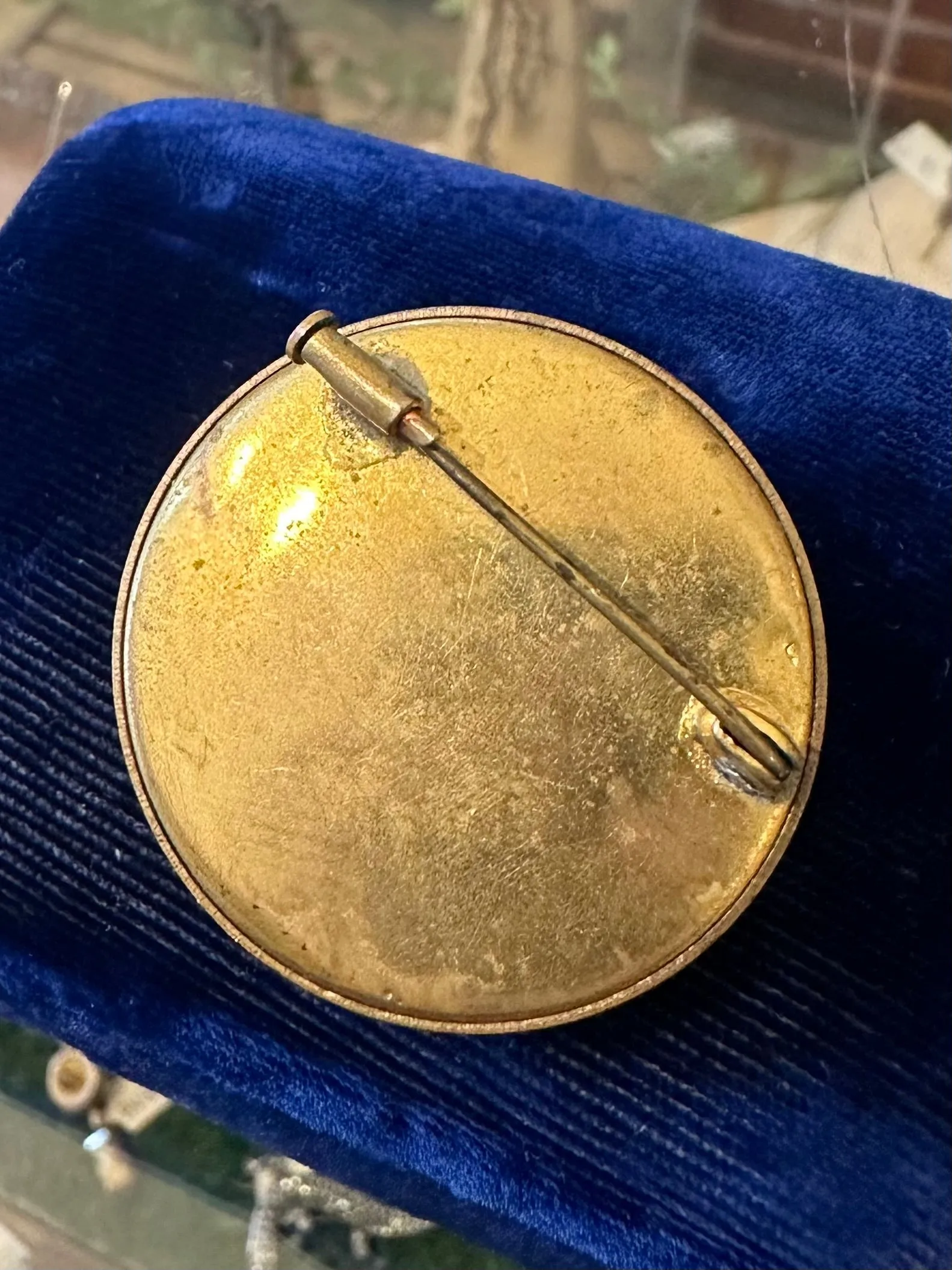 Vintage 1930s Czech Glass Blue Beads Hand Strung on Brass Round Brooch Pin Trombone Clasp