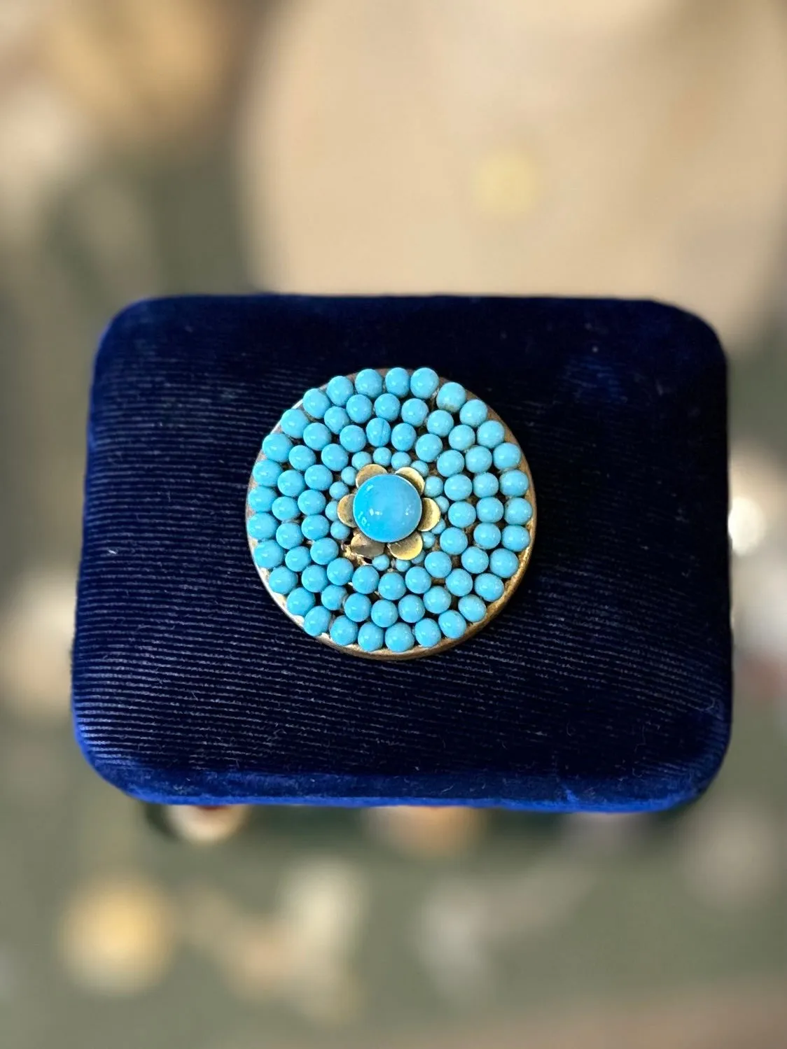 Vintage 1930s Czech Glass Blue Beads Hand Strung on Brass Round Brooch Pin Trombone Clasp