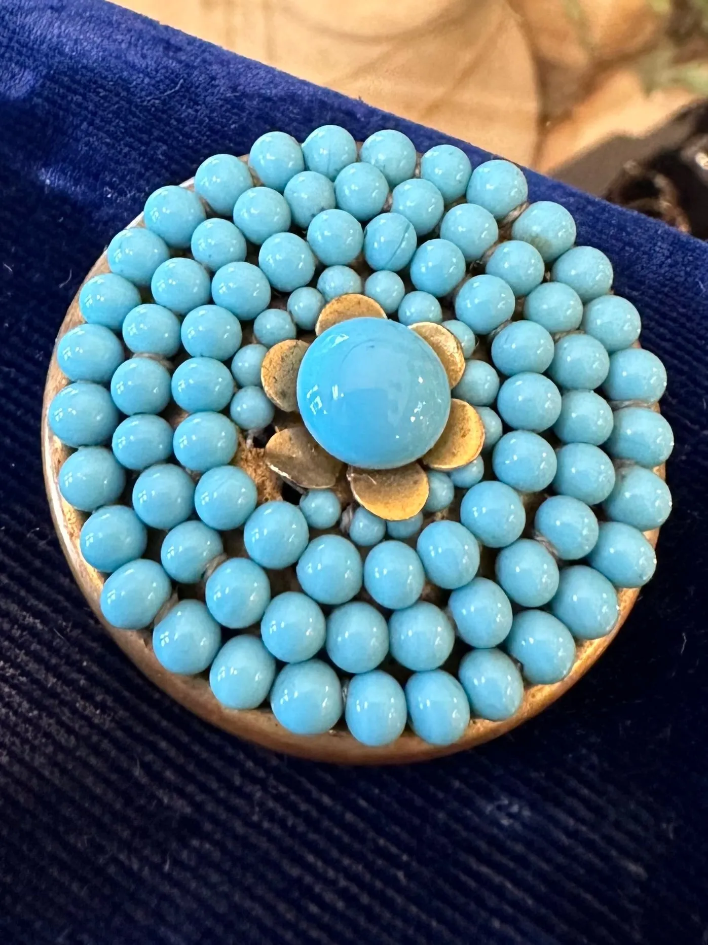 Vintage 1930s Czech Glass Blue Beads Hand Strung on Brass Round Brooch Pin Trombone Clasp