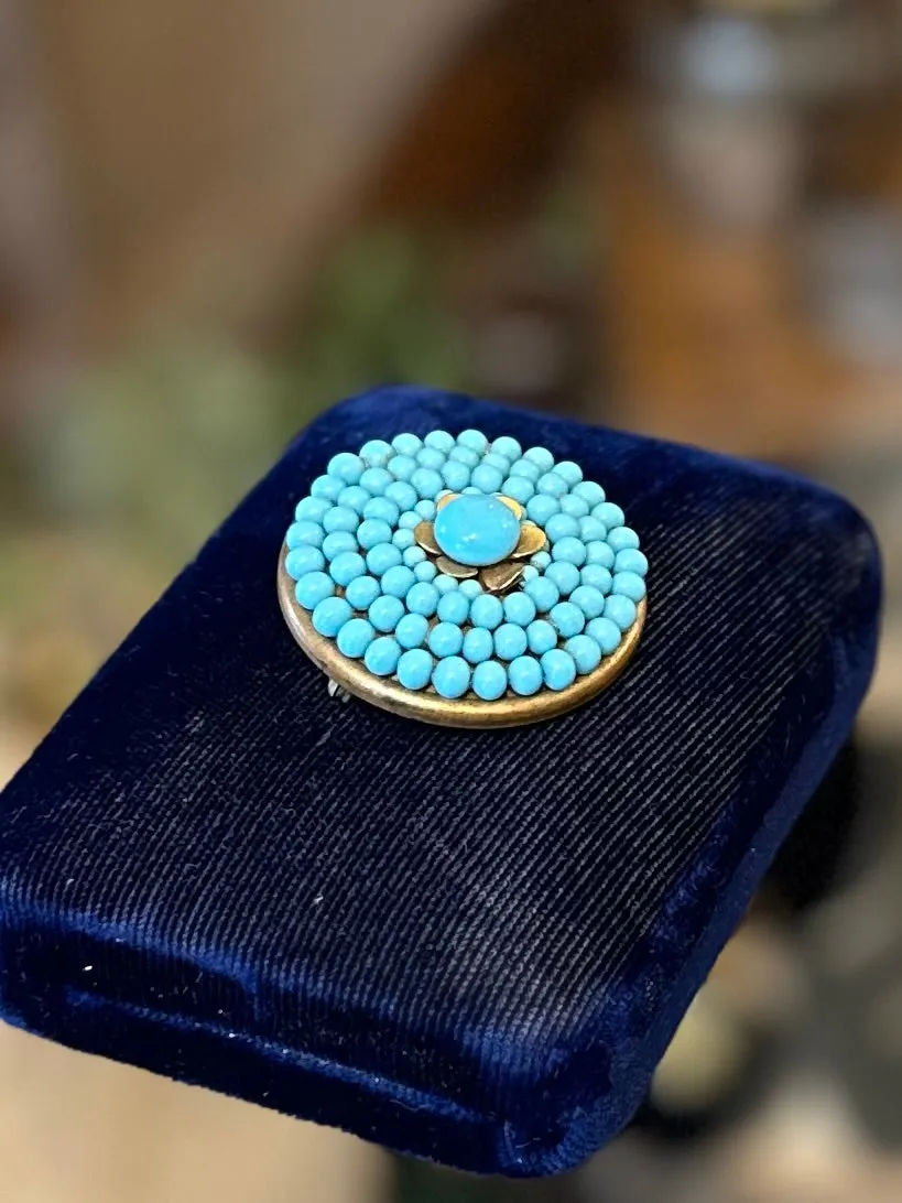 Vintage 1930s Czech Glass Blue Beads Hand Strung on Brass Round Brooch Pin Trombone Clasp