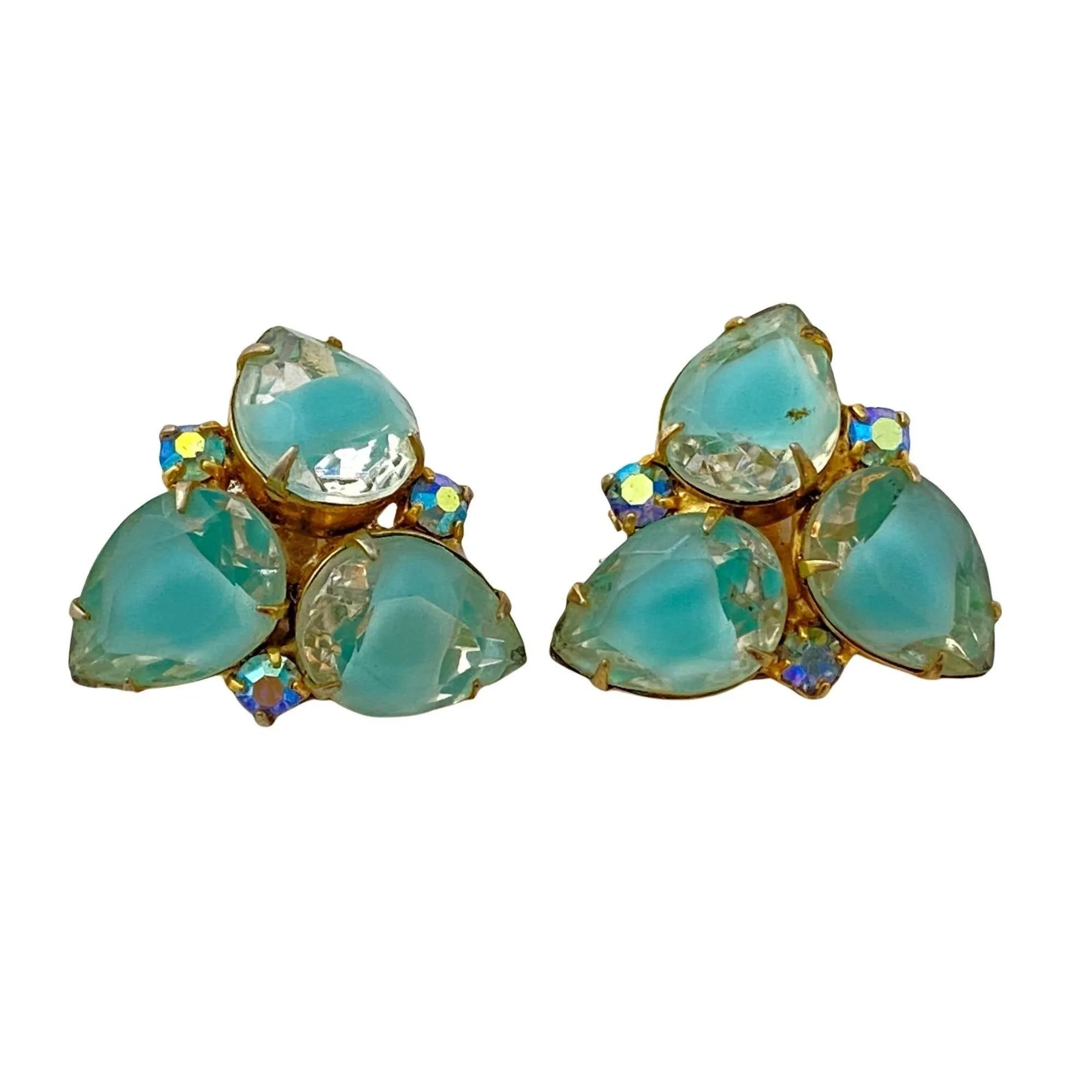 Vintage Aqua Crystal Rhinestone Statement Earrings