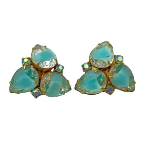 Vintage Aqua Crystal Rhinestone Statement Earrings