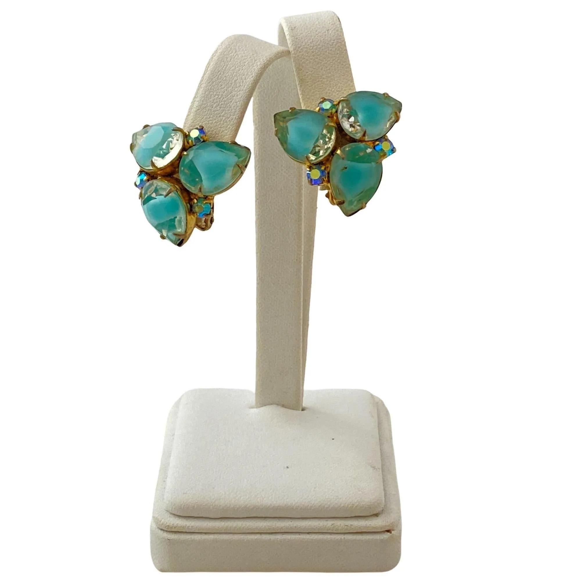 Vintage Aqua Crystal Rhinestone Statement Earrings