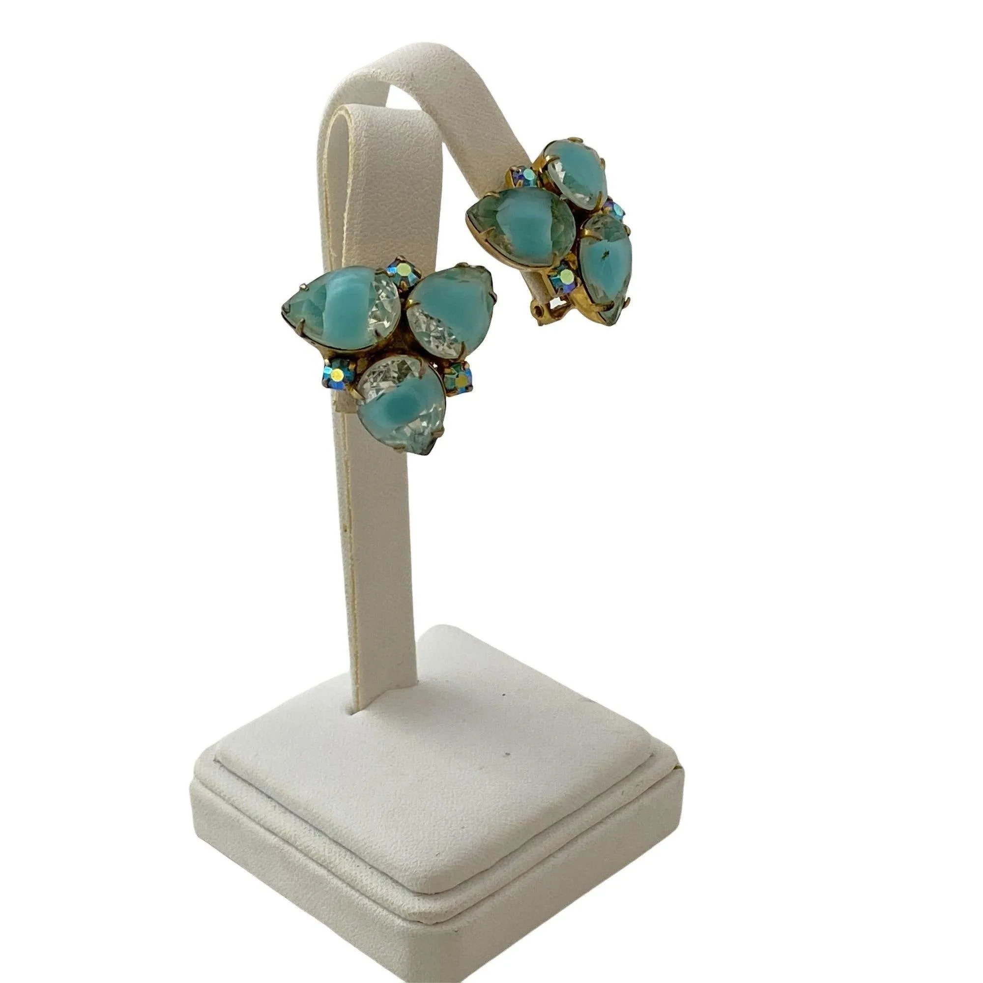 Vintage Aqua Crystal Rhinestone Statement Earrings