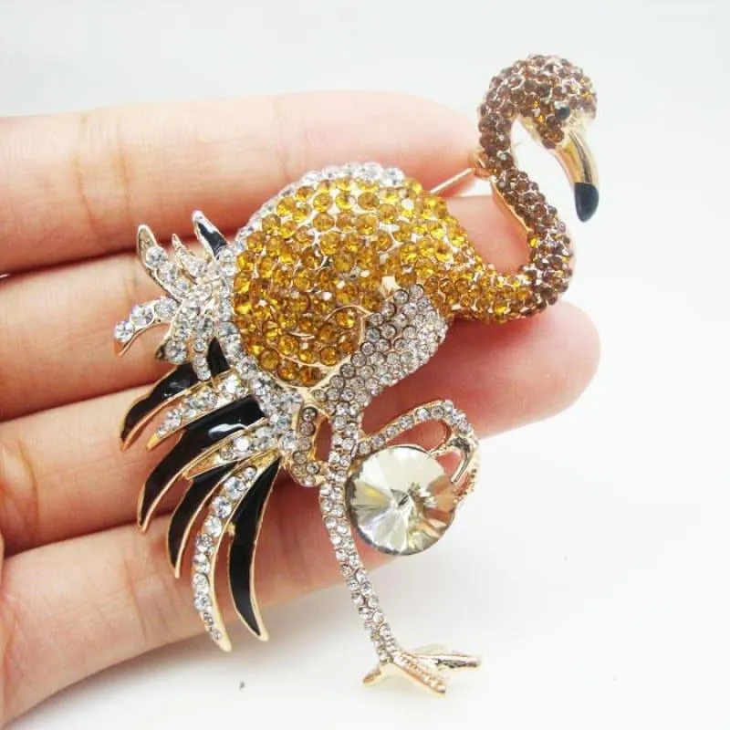 Vintage Austrians Crystal Flamingo Bird Gold Tone Brooch Pin Brown Accessories