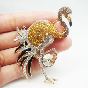Vintage Austrians Crystal Flamingo Bird Gold Tone Brooch Pin Brown Accessories