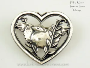 Vintage Bird in Heart Pin – Coro Pegasus Sterling – Book Piece