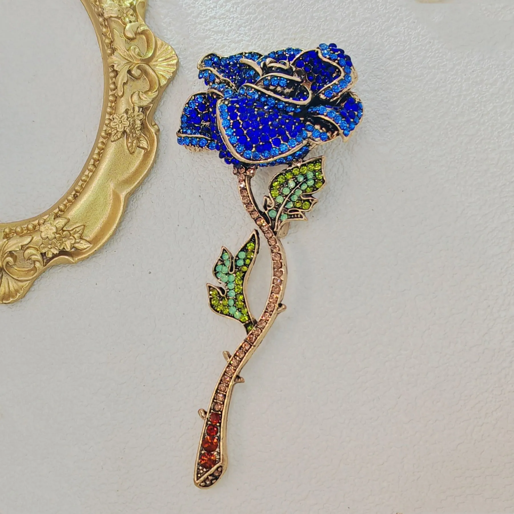 Vintage Blue Crystal Rhinestone Rose Flower Brooch Pin with Long Stem