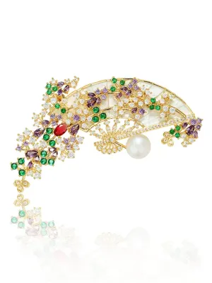 Vintage Chinese Fan Multicolor Crystal Enamel Brooch