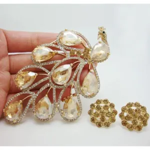 Vintage Fashion Nigerian African Style Peacock Bird Brooch Pin Earrings Set Brown Crystal Rhinestone Bird