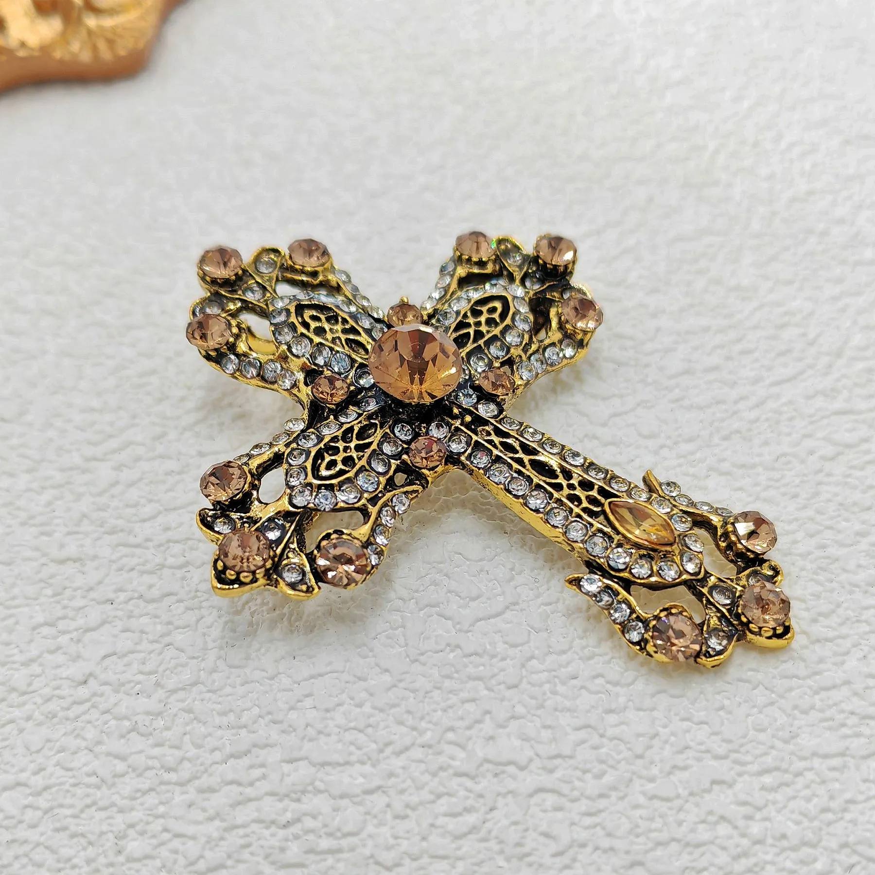 Vintage Gold Filigree Clear and Champagne Cross Brooch Pin Church Jewelry