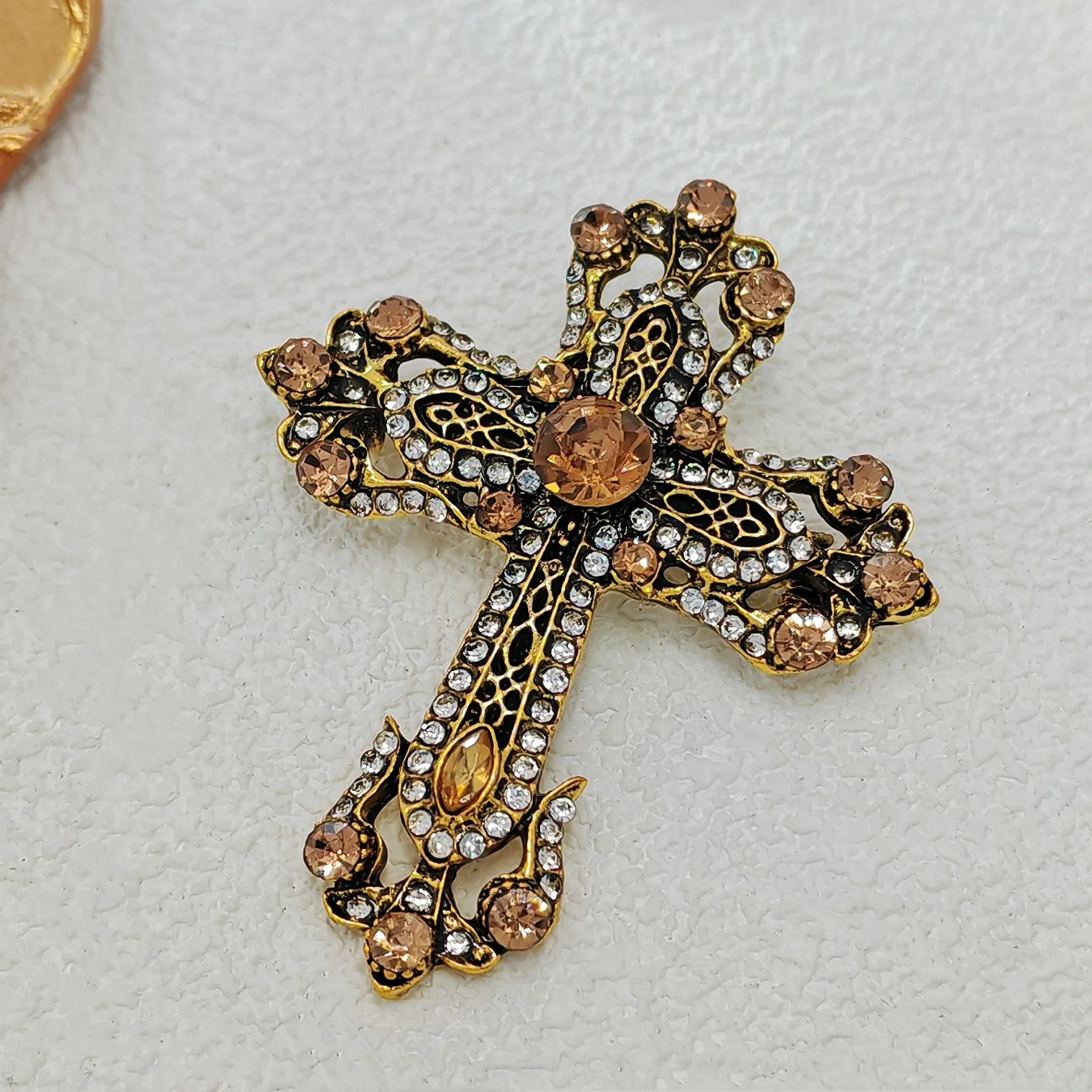 Vintage Gold Filigree Clear and Champagne Cross Brooch Pin Church Jewelry