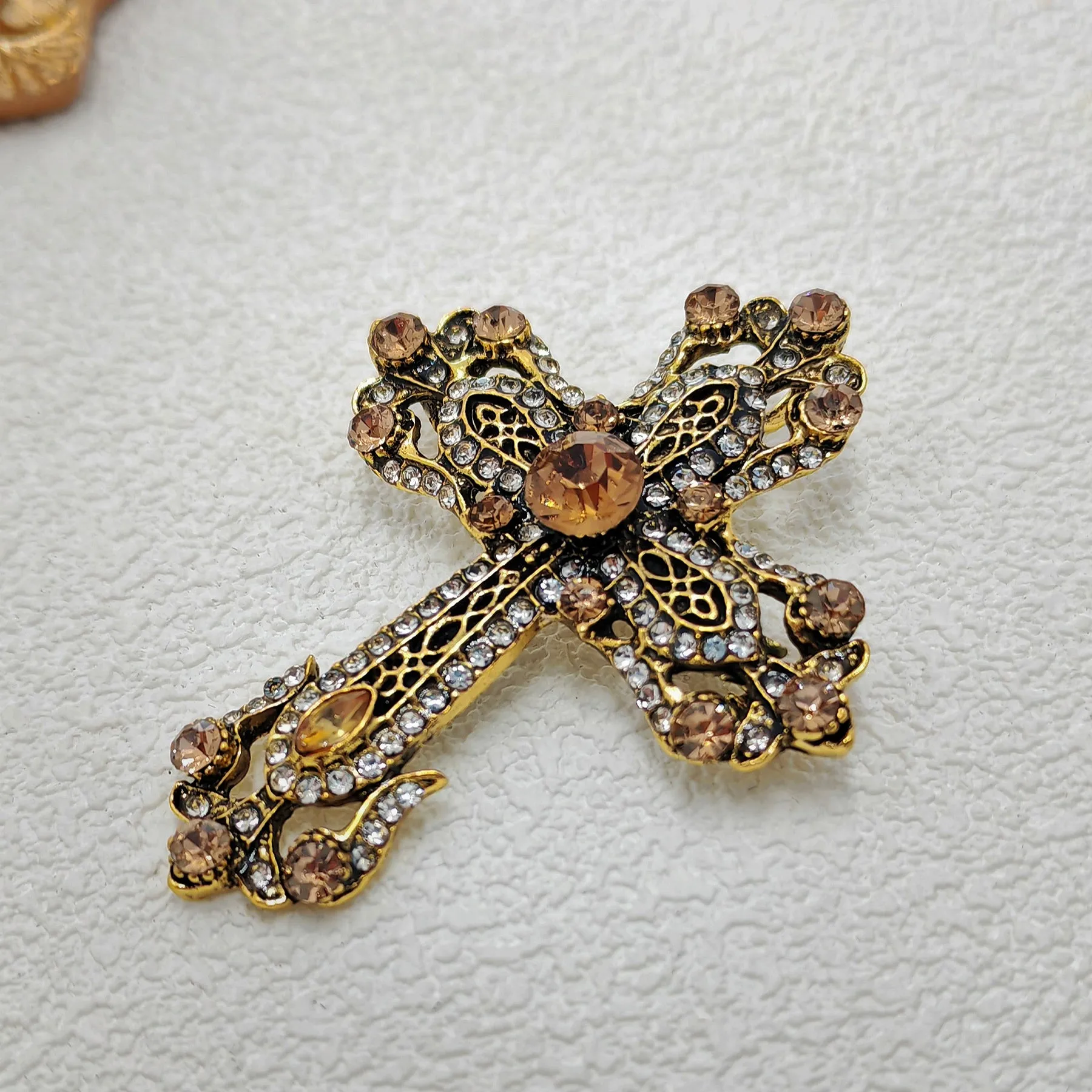 Vintage Gold Filigree Clear and Champagne Cross Brooch Pin Church Jewelry