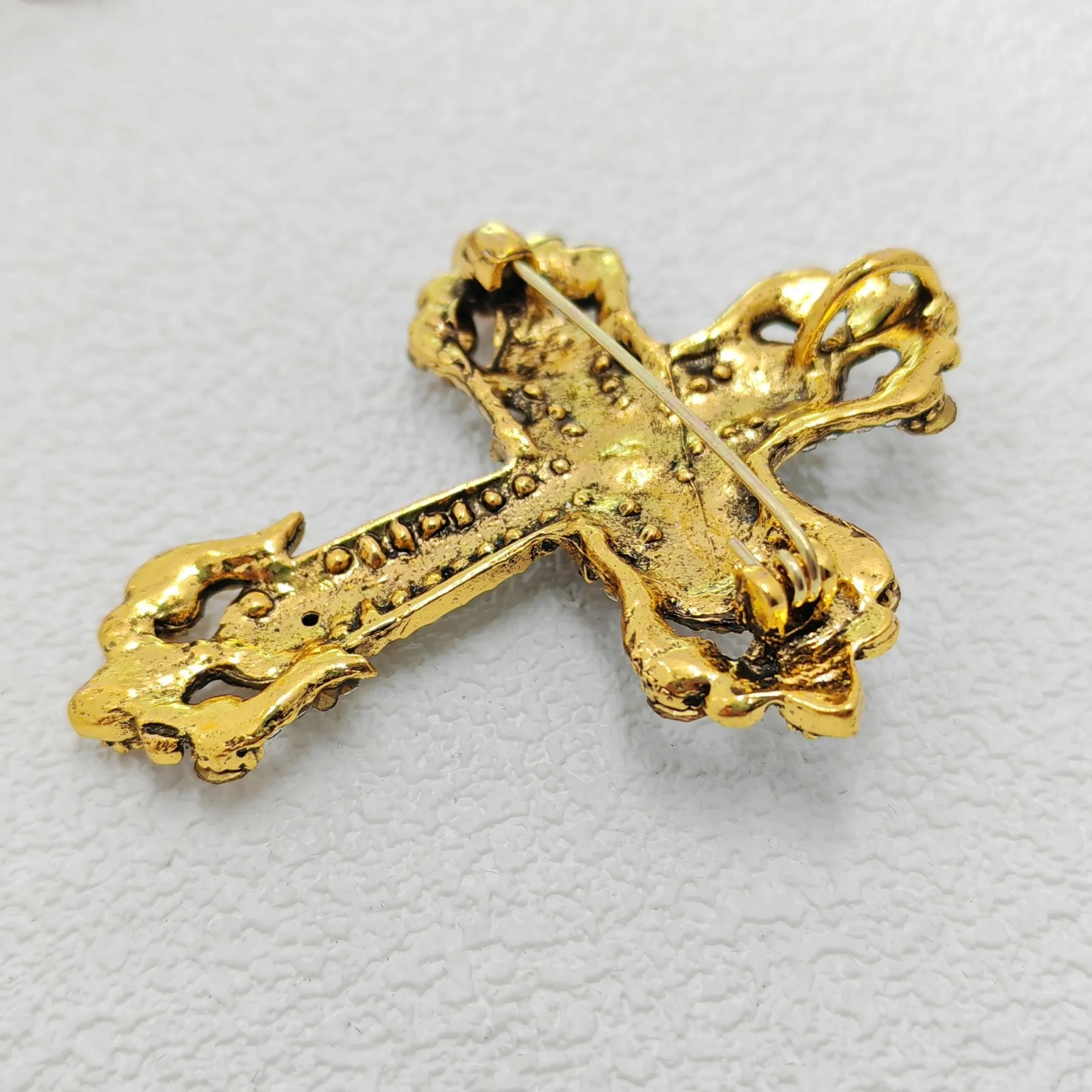 Vintage Gold Filigree Clear and Champagne Cross Brooch Pin Church Jewelry