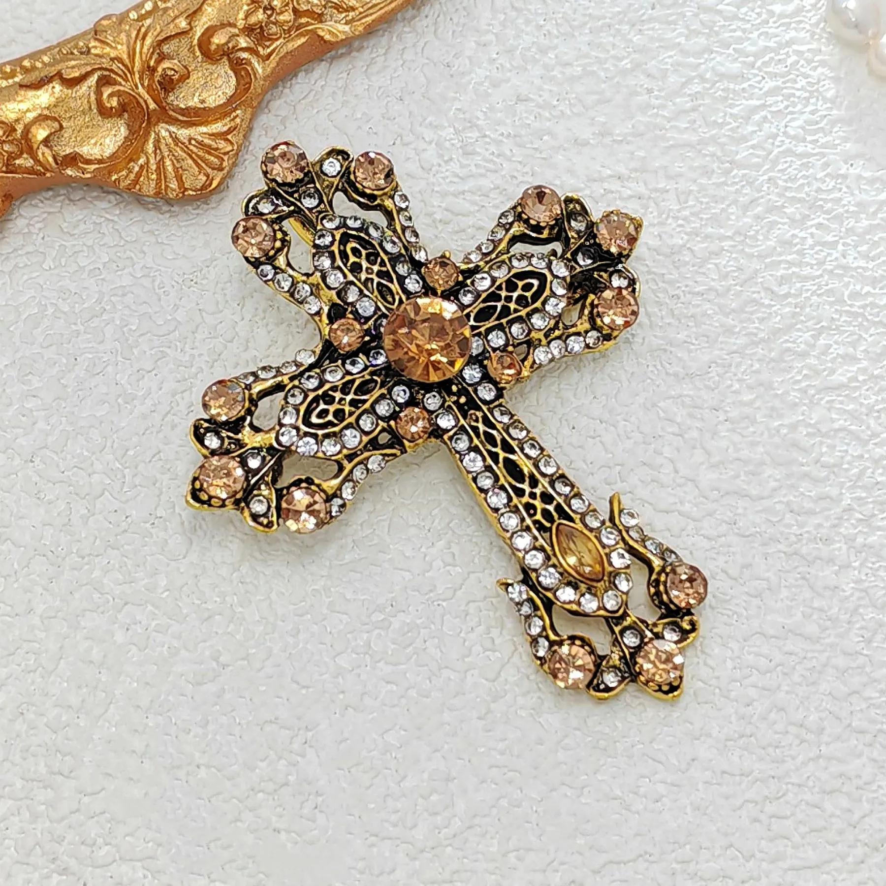 Vintage Gold Filigree Clear and Champagne Cross Brooch Pin Church Jewelry