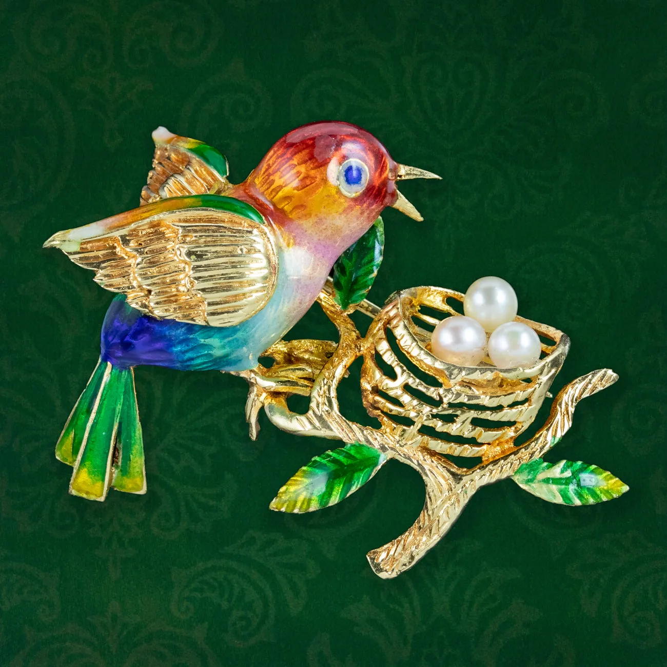 Vintage Guilloche Enamel Bird Brooch And Pearl Nest 18ct Gold