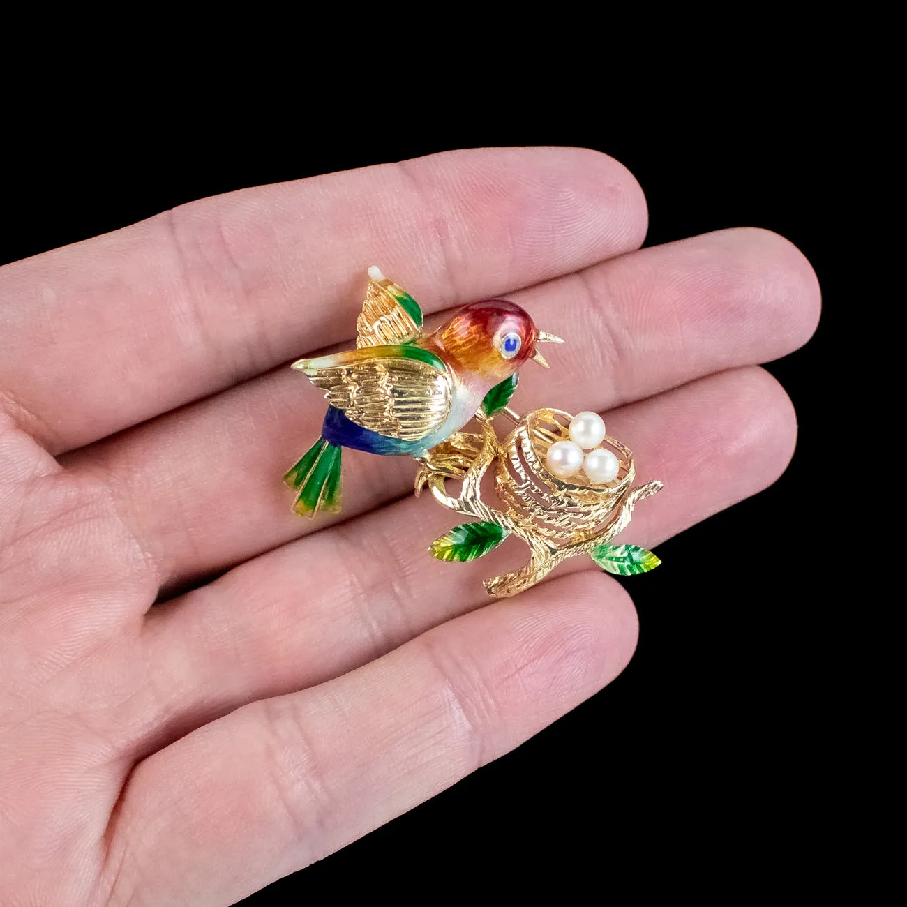 Vintage Guilloche Enamel Bird Brooch And Pearl Nest 18ct Gold