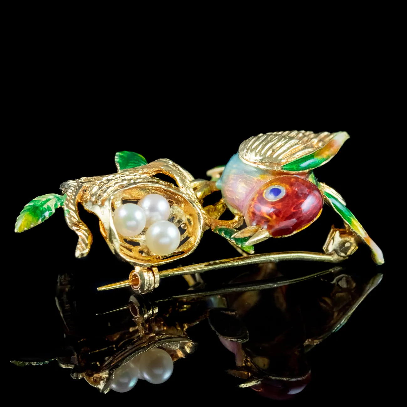 Vintage Guilloche Enamel Bird Brooch And Pearl Nest 18ct Gold