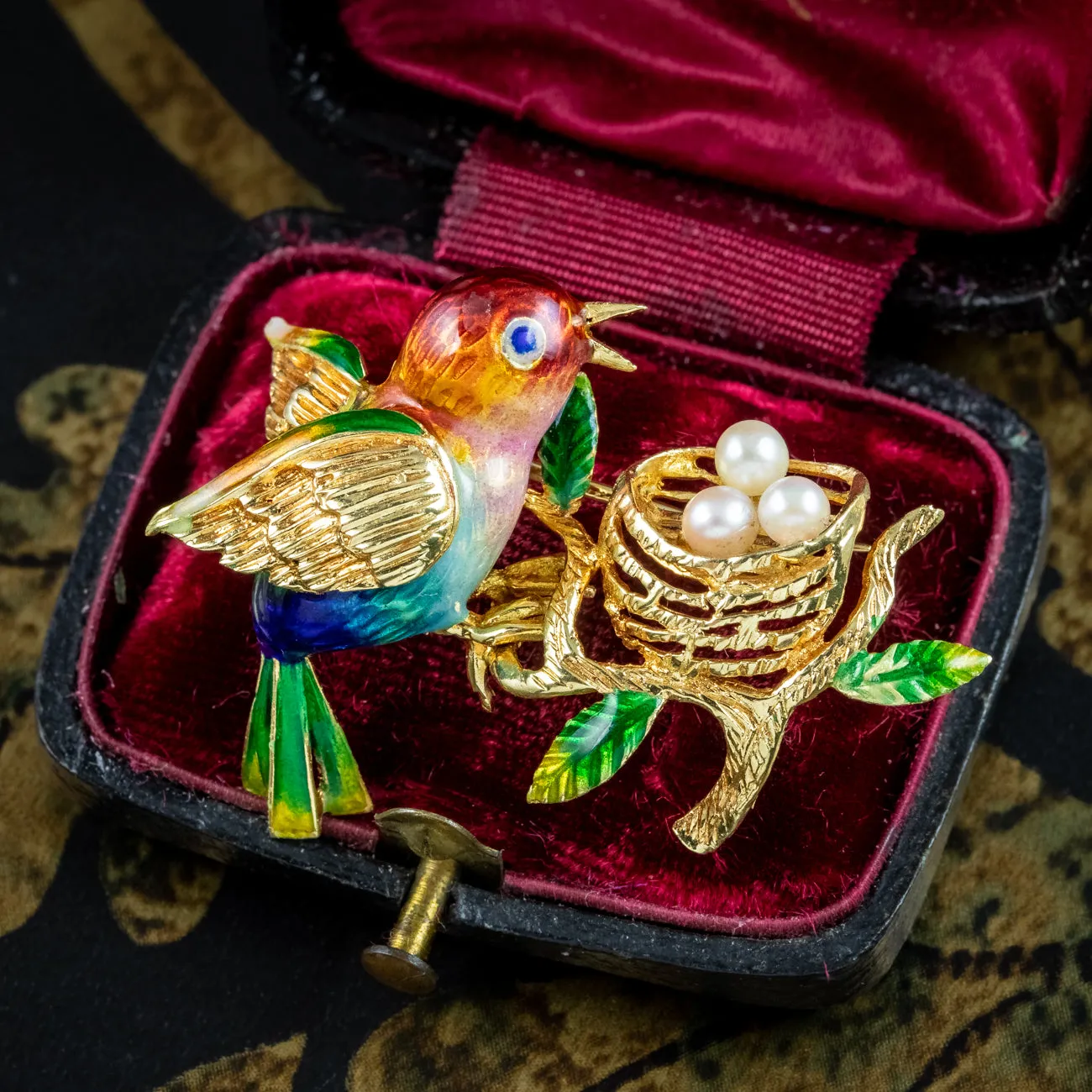 Vintage Guilloche Enamel Bird Brooch And Pearl Nest 18ct Gold