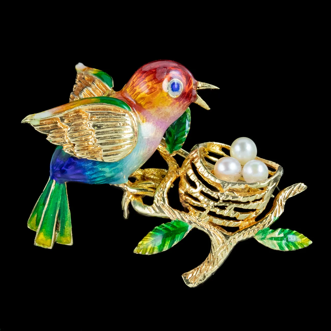 Vintage Guilloche Enamel Bird Brooch And Pearl Nest 18ct Gold