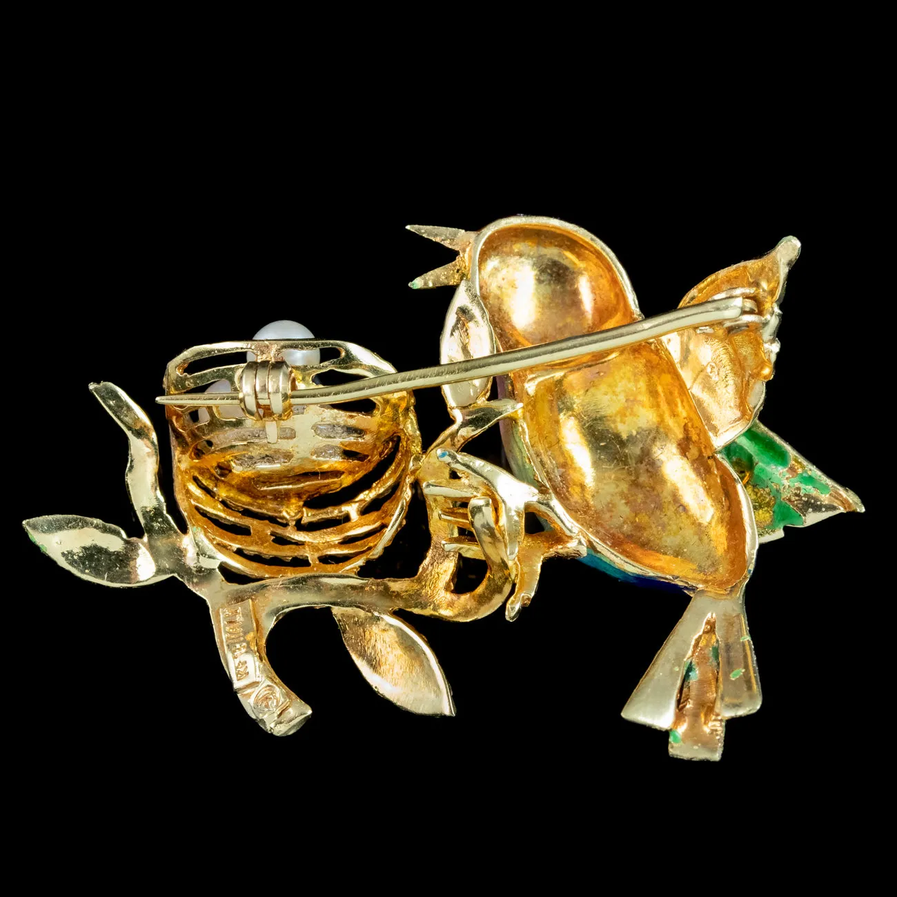 Vintage Guilloche Enamel Bird Brooch And Pearl Nest 18ct Gold