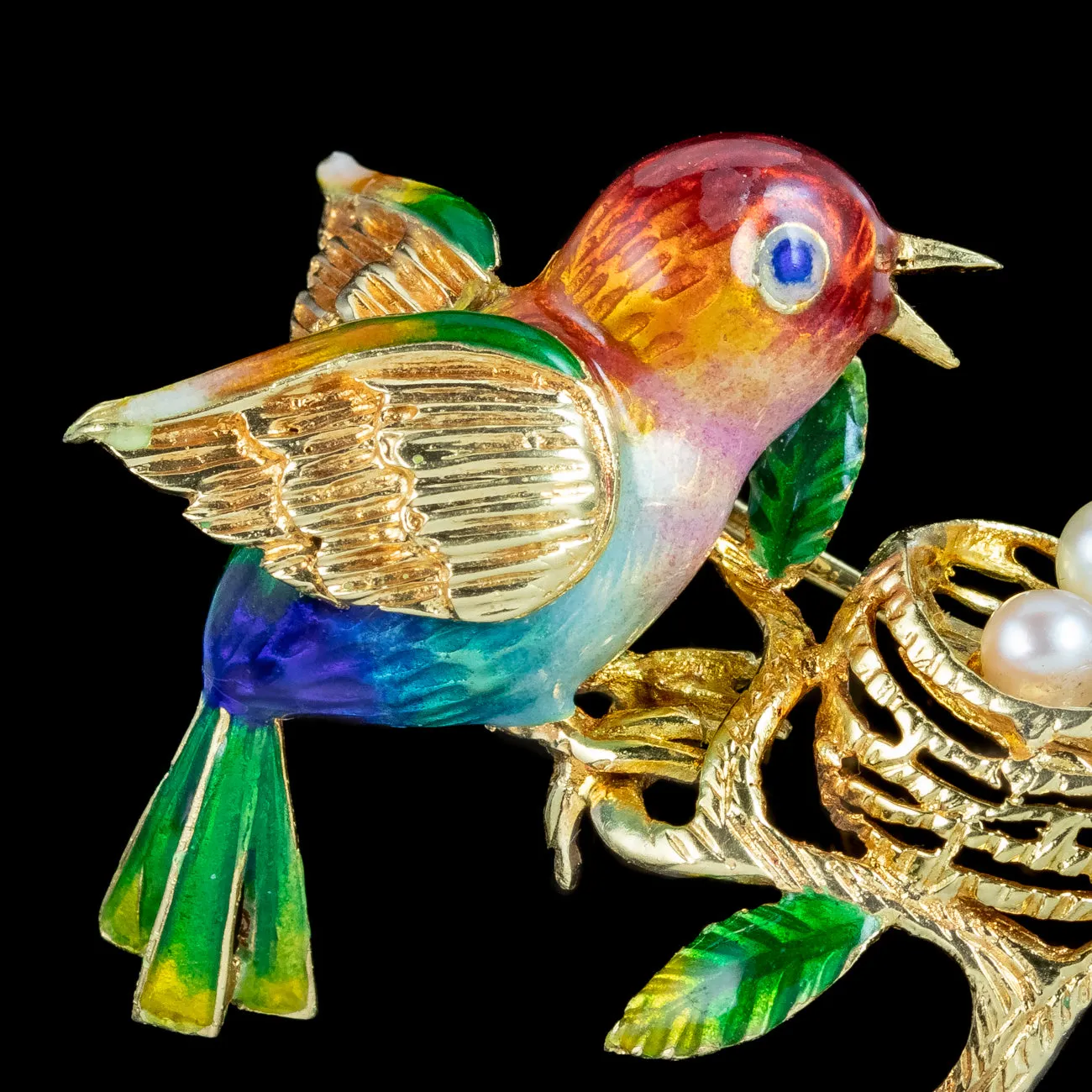 Vintage Guilloche Enamel Bird Brooch And Pearl Nest 18ct Gold