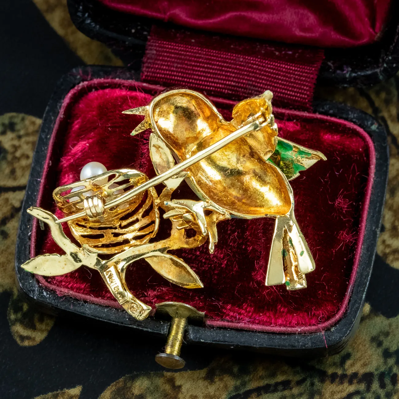 Vintage Guilloche Enamel Bird Brooch And Pearl Nest 18ct Gold
