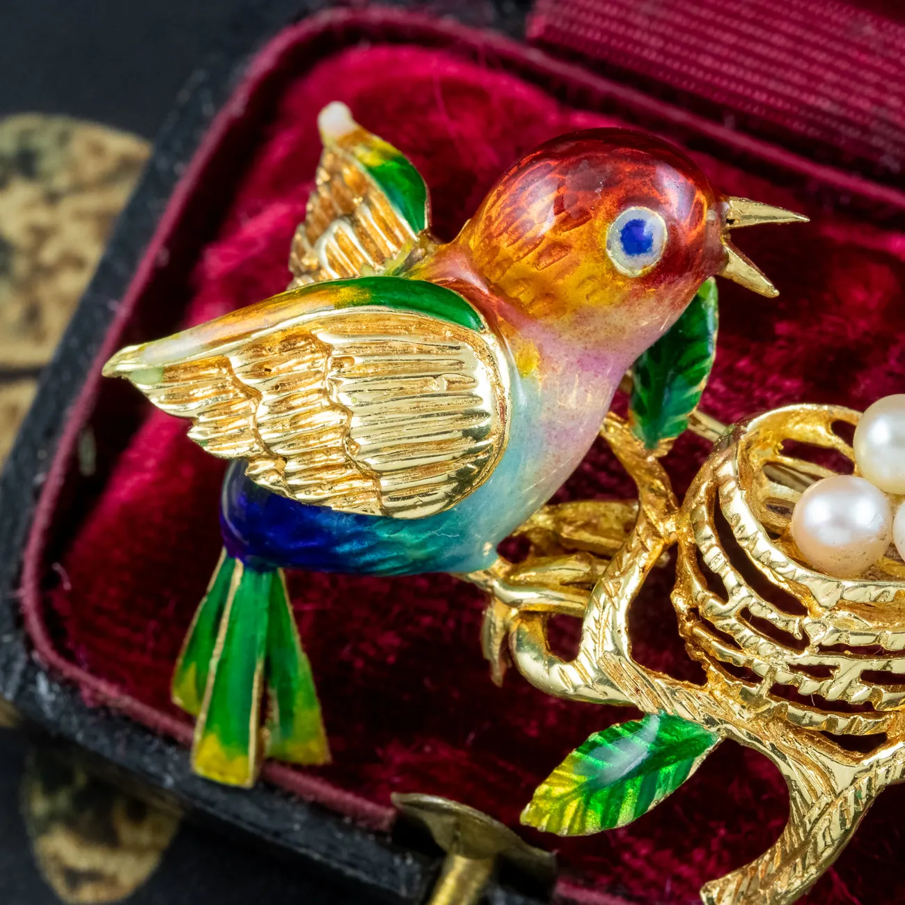 Vintage Guilloche Enamel Bird Brooch And Pearl Nest 18ct Gold