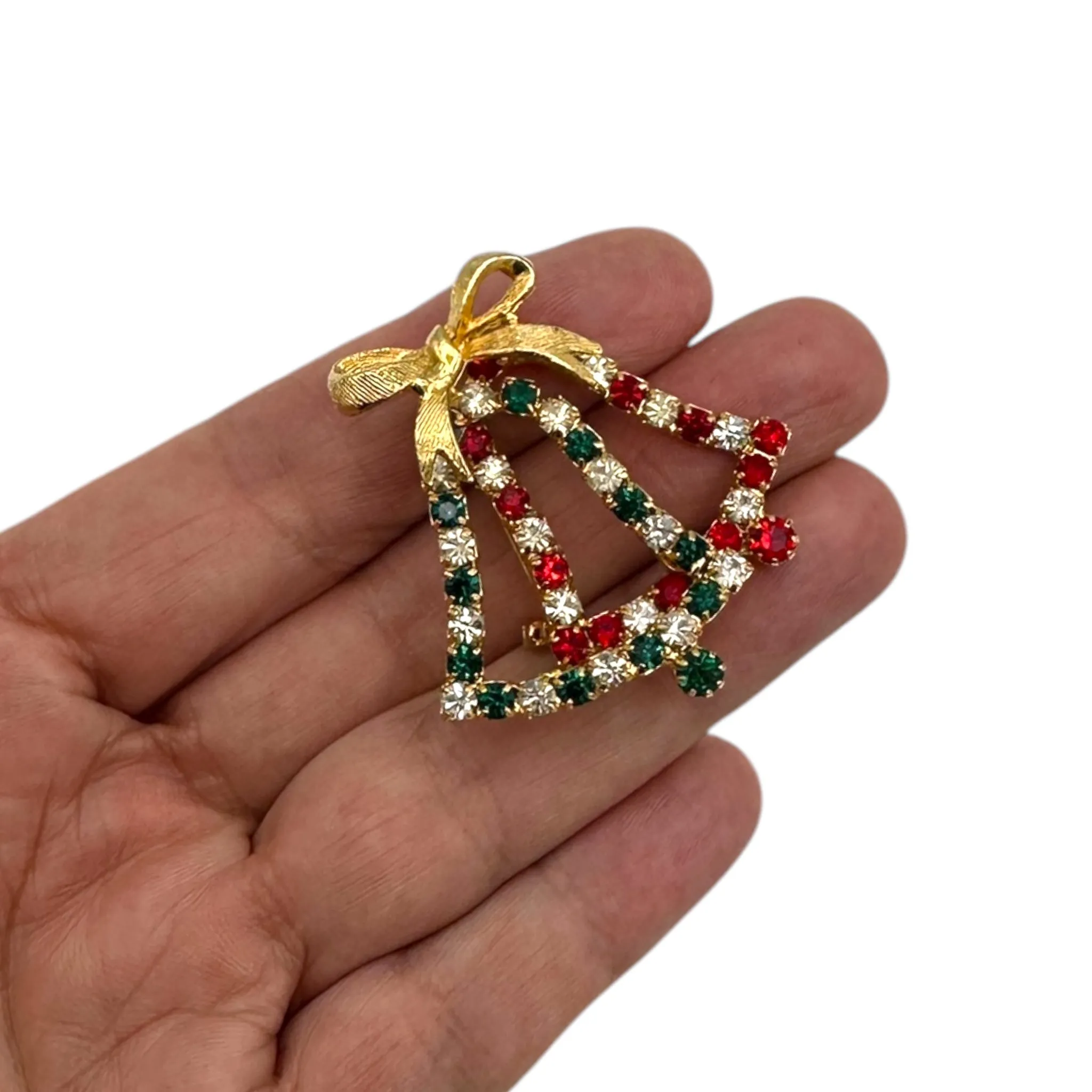 Vintage Holiday Brooch Trio Rhinestone Stocking Wreath Bells Christmas Scatter Pins